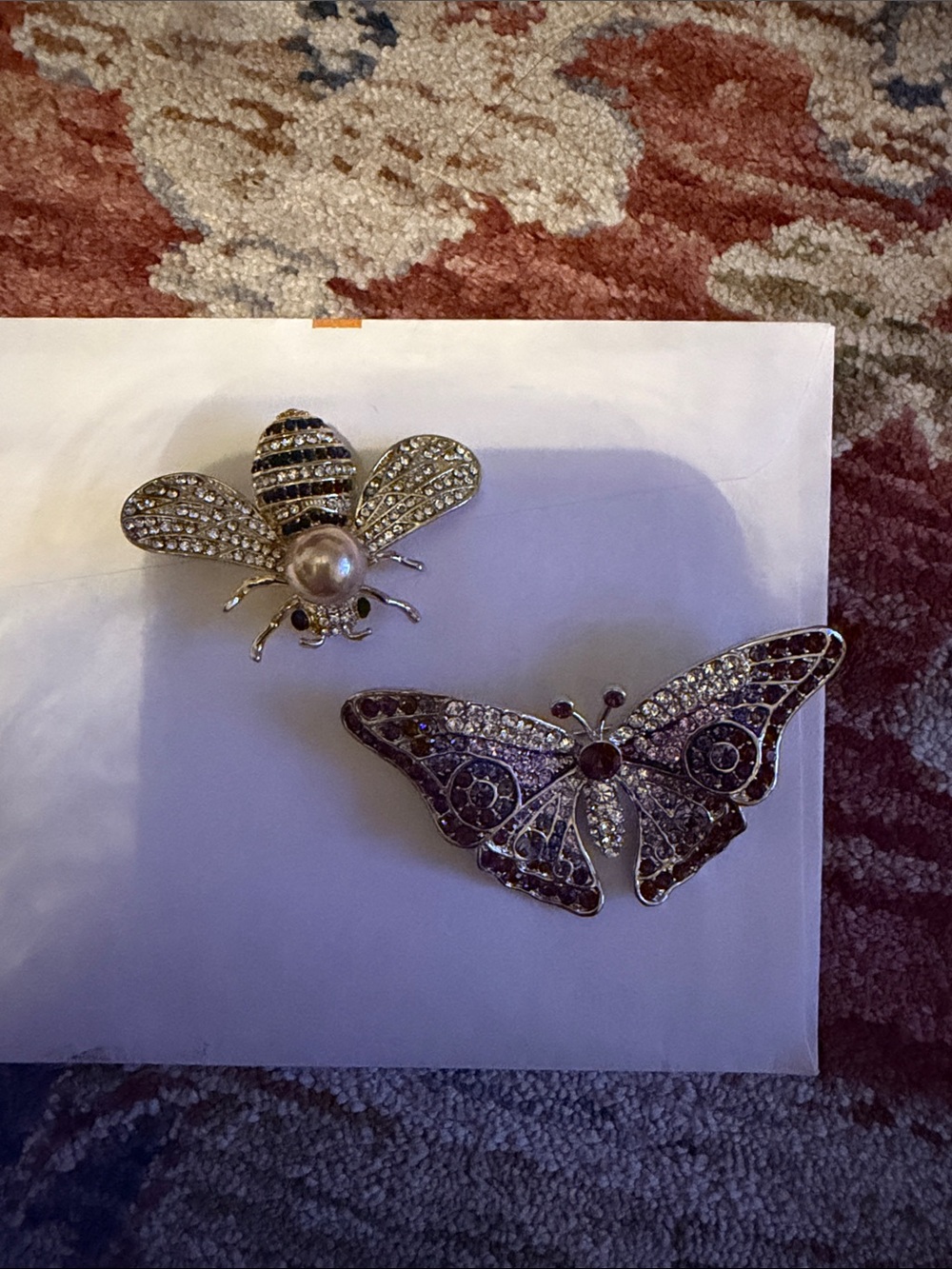 Rhinestone Bee and Butterfly Brooch Set - Silver Tone